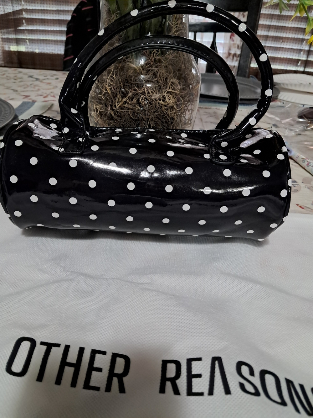 8 Other Reasons Black Patent Mini Barrel Bag with White Polka Dots